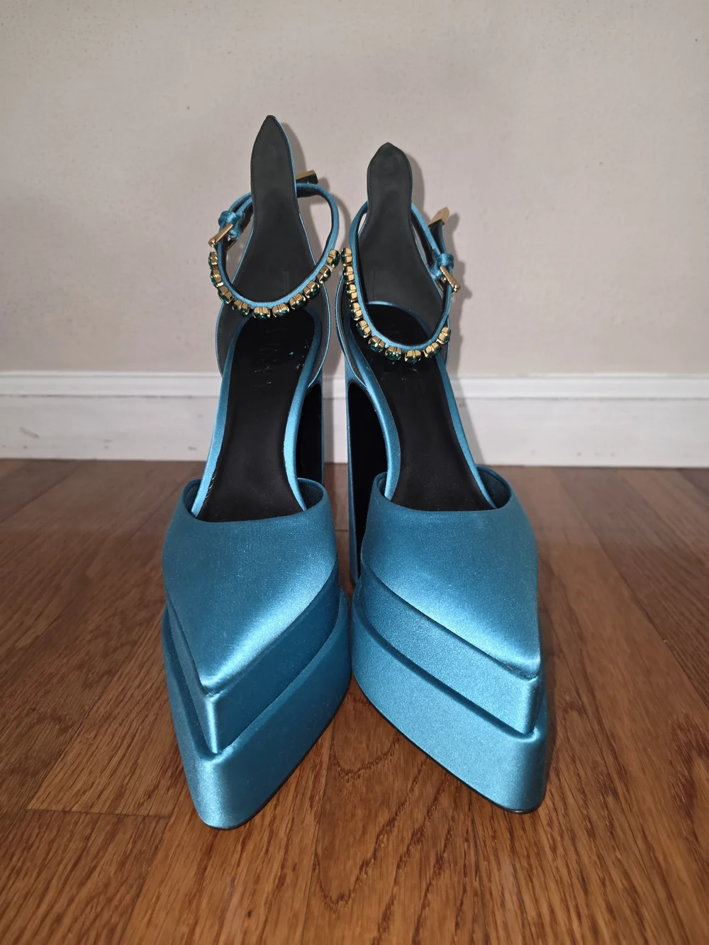 Versace Teal Satin Platform Slingback Heels with Jeweled Anklet